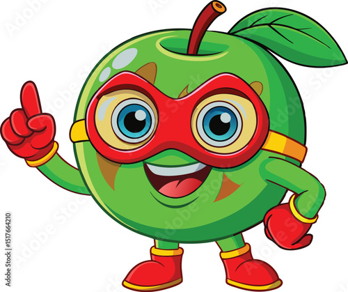 Cartoon Apple Superhero – Cute Green Character with Red Mask, Gloves, and Boots in Vibrant Style