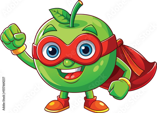 Cartoon Apple Superhero – Cute Green Character with Red Mask, Gloves, and Boots in Vibrant Style