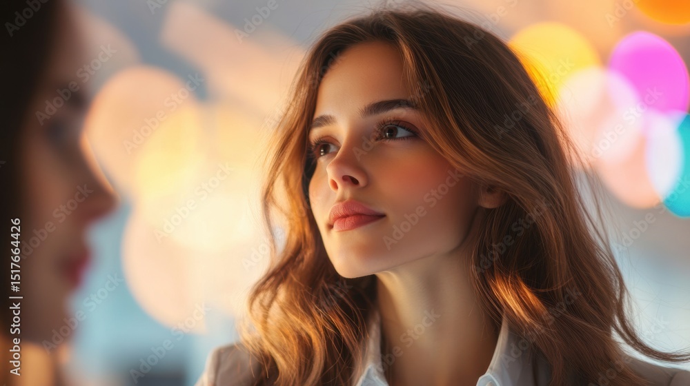 Obraz premium Young woman with long hair gazing thoughtfully in a softly lit environment with colorful lights at dusk
