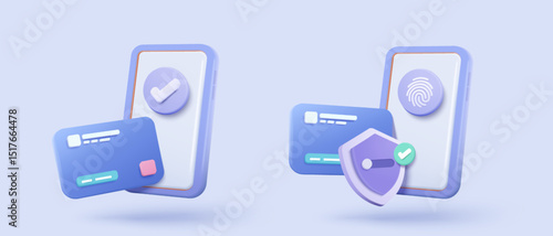 3D shield protection icon with credit card for online payment on white background concept, user account for 3d security with payment protection for e commerce on isolated vector render background