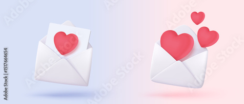 3d mail envelope icon with red heart notification new message. Minimal email letter with pop up speech icon. Happy valentine day message in love concept. 3d envelope vector icon render illustration
