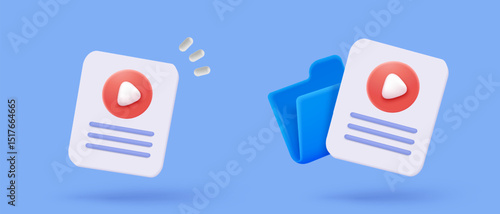 3d folder and paper sheet for management multimedia file cyberspace, document efficient work on project plan. Image paperwork and video document folder icon. 3d picture icon vector render Illustration