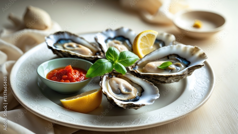 Gourmet oyster and shellfish platter featuring lemon, herbs, and sauces Gourmet oyster and shellfish platter featuring lemon, herbs, and sauces
