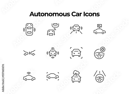 Set of 12 minimalist line icons depicting various aspects of autonomous car technology including self-parking remote control and sensor systems Perfect for illustrating driverless vehicle concepts.