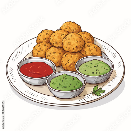A close-up shot of a plate of golden-brown, crispy pakoras, served with a vibrant green chutney in a small bowl.  High-quality, detailed image.