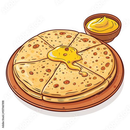 A photograph of a freshly made golden-yellow paratha, glistening with melted ghee, showing its flaky layers and rich texture.