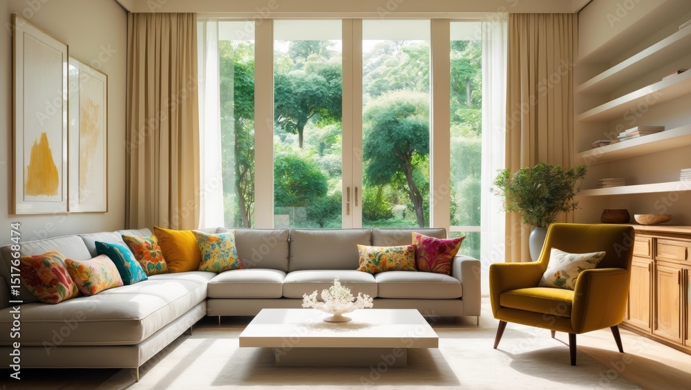 Fototapeta premium Modern apartment living space with grey furniture, a table, and expansive window background
