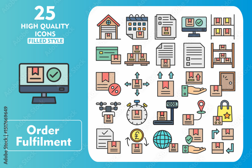 Order Fulfilment Line Filled Icon Set. Incleded Icons Warehouse, Calendar, Form, Online Order, Inventory, Credit Card, Pallet, Paper, Document. Vector Icons Collection Order Fulfilment Line Filled Icon Set. Incleded Icons Warehouse, Calendar, Form, Online Order, Inventory, Credit Card, Pallet, Paper, Document. Vector Icons Collection