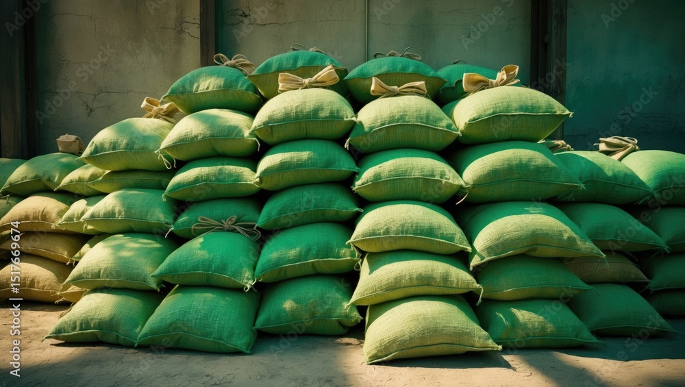 Fototapeta premium Flood protection area with covered sandbags for dam construction