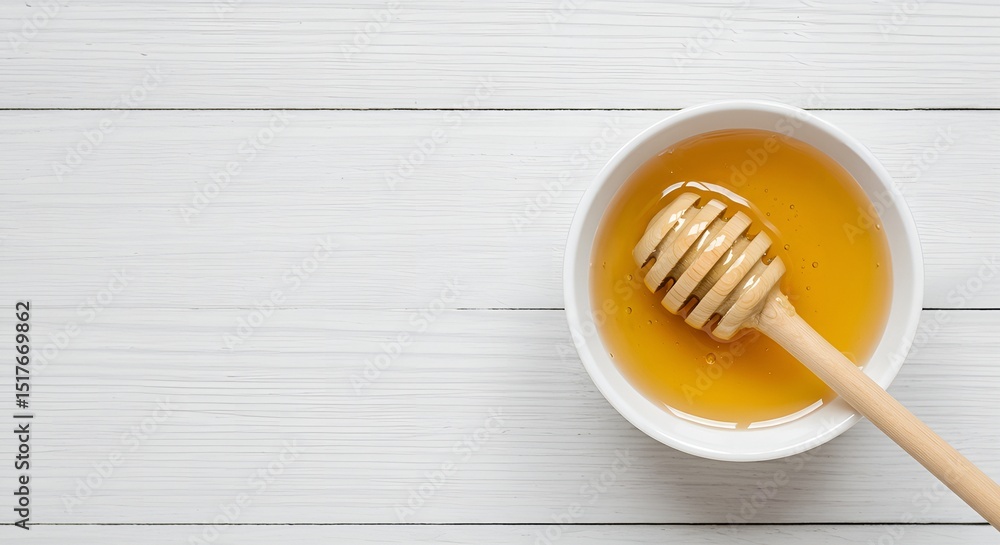 A bowl of honey with a wooden honey dipper on a white wooden table A bowl of honey with a wooden honey dipper on a white wooden table