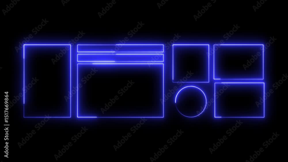 Square rectangle picture frame icon animation glowing neon blue color bordar shape round retro footage screen rotation display box movement on black background Square rectangle picture frame icon animation glowing neon blue color bordar shape round retro footage screen rotation display box movement on black background