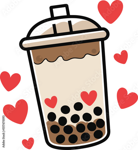 A bubble tea blushing with hearts around it