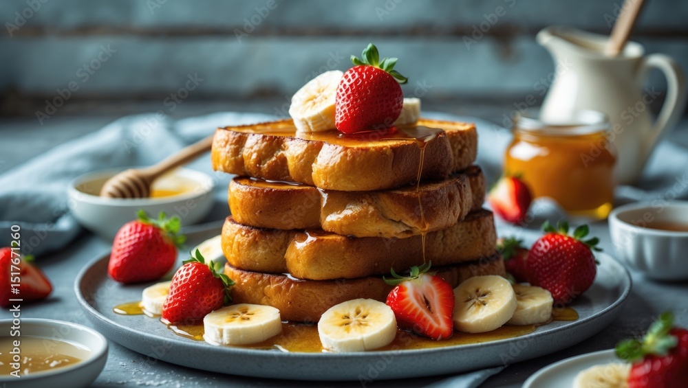 French toasts with golden brown crust and fluffy interior presented on a plate with fresh strawberries, banana, mint leaves, maple syrup, tea, and cream, top view, close-up French toasts with golden brown crust and fluffy interior presented on a plate with fresh strawberries, banana, mint leaves, maple syrup, tea, and cream, top view, close-up