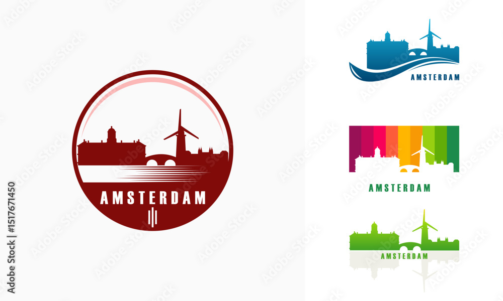 Naklejka premium Amsterdam city skyline graphic design variations.