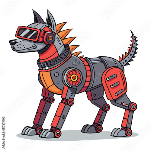 Cyberpunk robotic dog, vibrant energy spine, wearing VR goggles; gritty, detailed, futuristic design.