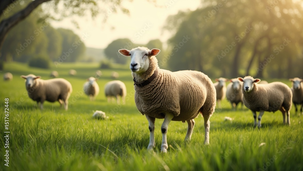 Fototapeta premium Illustration of a lamb roaming in a rural farm setting with vibrant natural textures