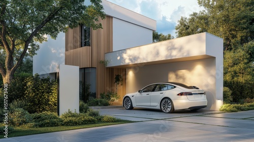 Modern house with wooden accents and a sleek electric car parked under a carport
