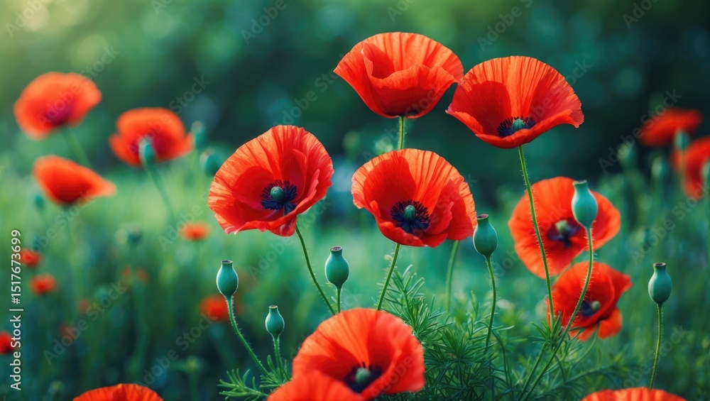 Fototapeta premium Red poppies blooming in a garden bed amidst green leaves