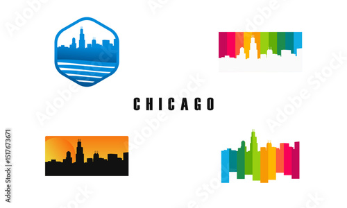 City skyline graphic designs in various color schemes.