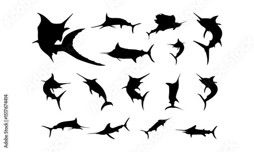 Collection of marlin silhouettes against a white background.