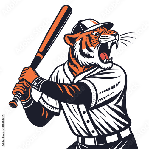 A ferocious tiger in a vintage military uniform, intensely roaring, gripping a baseball bat.  The scene is dramatic and surreal.