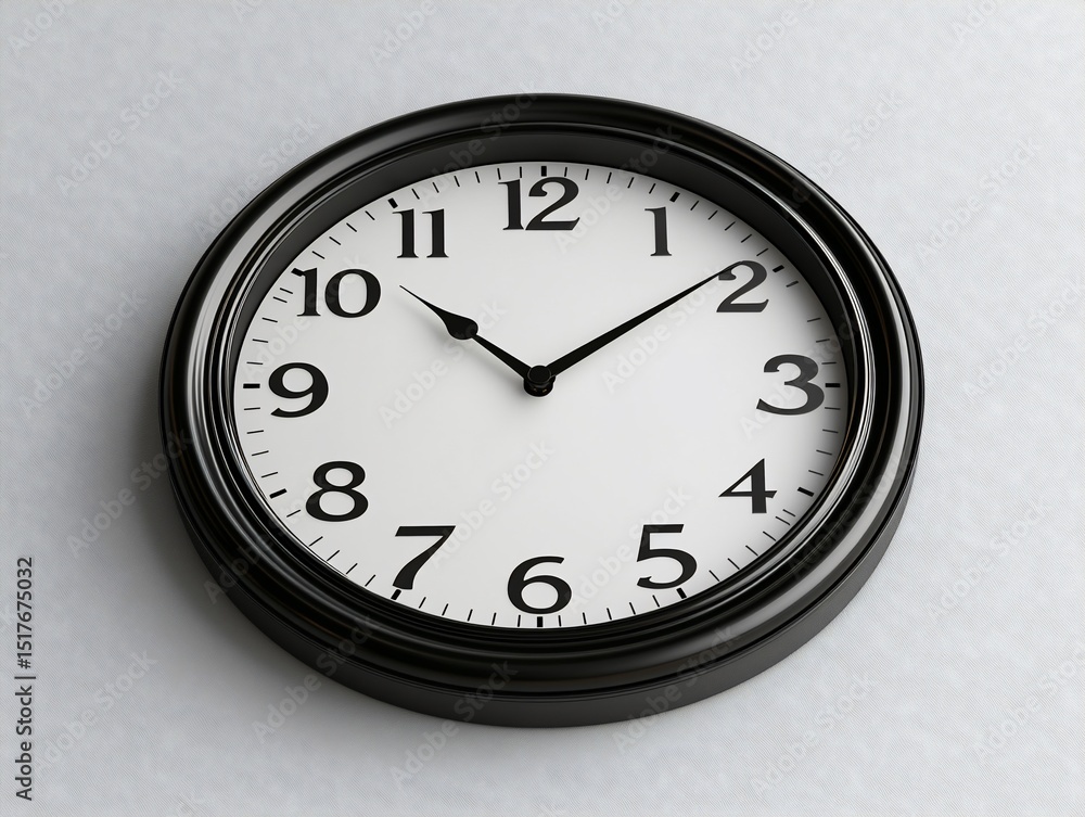 Classic black framed wall clock showing ten minutes past ten o'clock precisely Classic black framed wall clock showing ten minutes past ten o'clock precisely