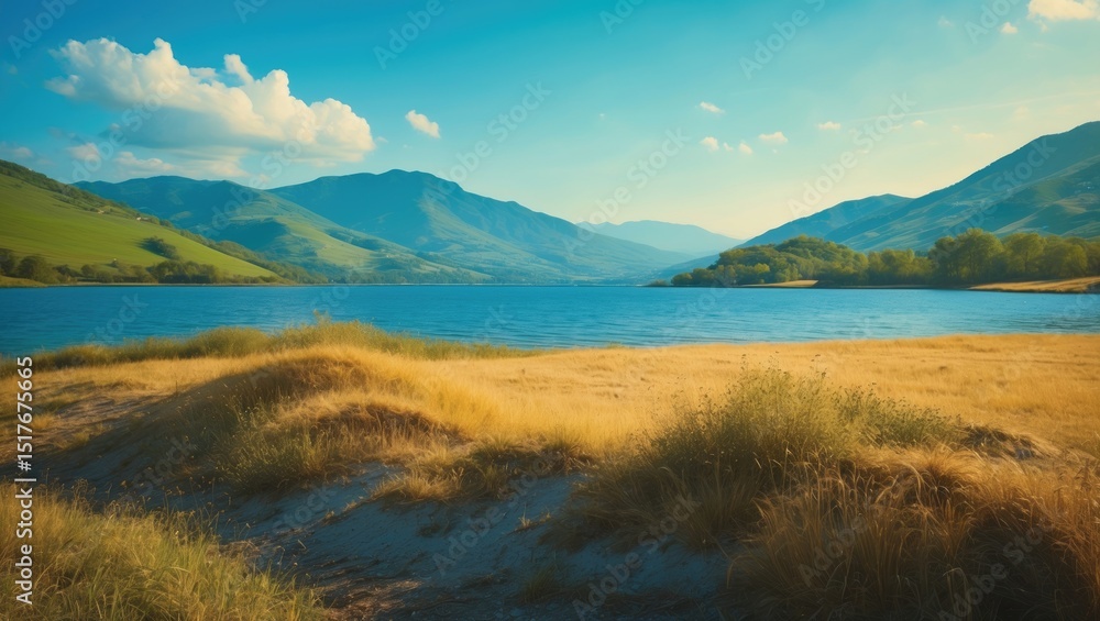 Obraz premium A breathtaking mountain lake nestled among rolling hills and vibrant vegetation beneath a bright blue sky.