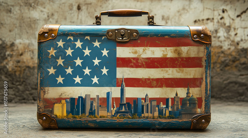 Old patriotic grunge USA flag suitcase on a weathered wooden background