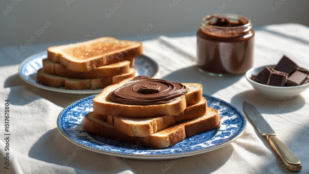 Beautiful breakfast scene featuring crispy toast slices with chocolate on a blue table wall Beautiful breakfast scene featuring crispy toast slices with chocolate on a blue table wall