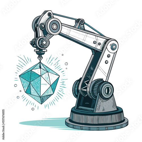 A futuristic robotic arm delicately holds a glitching, iridescent crystal that floats mysteriously above a dark, technological background.  One crystal floats.