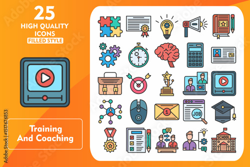 Training and coaching Line Filled Icon Set. Incleded Icons Puzzle, Target, Job Search, Mortarboard, Medal, Test, Conversation, Skills, School, Diploma, Idea. Vector Icons Collection