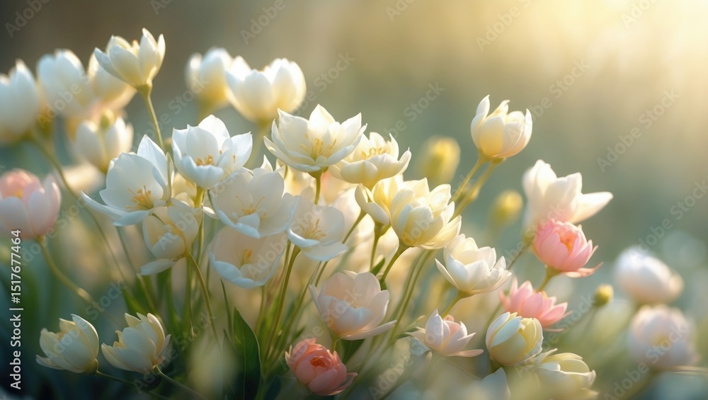 Fototapeta premium Spring's arrival captured in soft pastel flower buds within a tranquil natural landscape bathed in warm sunlight.