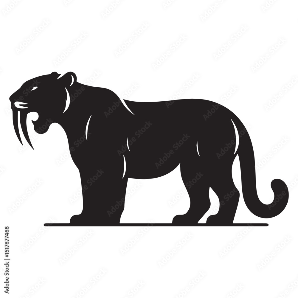 Fototapeta premium Saber-Toothed Tiger silhouette mid-pounce – Saber-Toothed Tiger illustration – Minimalist Saber-Toothed Tiger vector – Stone Age silhouette