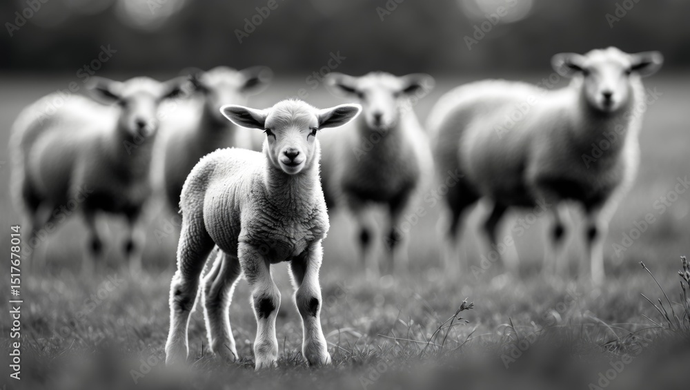 Obraz premium Close-up of a curious East Friesian lamb with adult sheep in the background, moody atmosphere, low-angle shot, matte finish, dark green pasture, 16:9