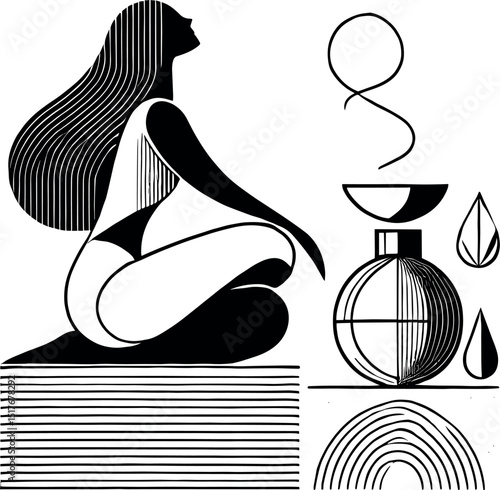 A minimalist black-and-white image featuring a woman with flowing hair sitting on a bed, surrounded by an aromatherapy set, highlighting an elegant oil drop silhouette.
