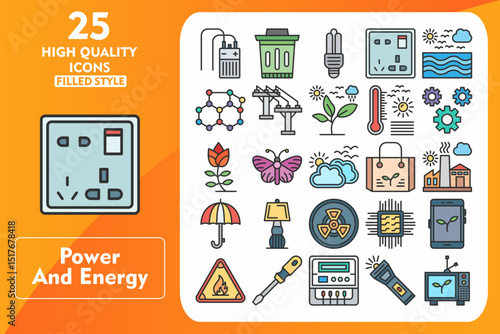 Power and energy Line Filled Icon Set. Incleded Icons Capacitor, Bin, Fluorescent Light, Socket, Water Waves, Molecule, Electric Pole, Leaves. Vector Icons Collection