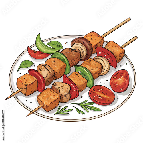 Close-up shot of succulent chicken tikka skewers, glistening with marinade, served alongside vibrant grilled vegetables.