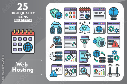 Web Hosting Line Filled Icon Set. Incleded Icons Security, Structure, Calendar, Https, Globe, Big Data, Code, Cloud, Website. Vector Icons Collection