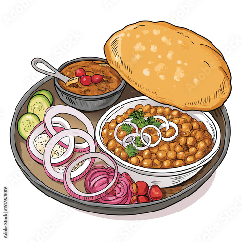 A vibrant close-up shot of Chole Bhature, a popular Indian dish, served with crispy onion rings, garnished with fresh cilantro, and a playful addition of the mathematical constant pi (π).