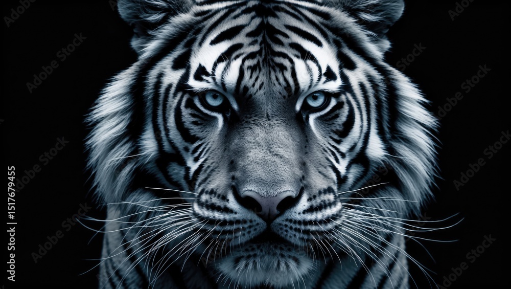 Asian tiger face portrait in monochrome with wild jungle background Asian tiger face portrait in monochrome with wild jungle background