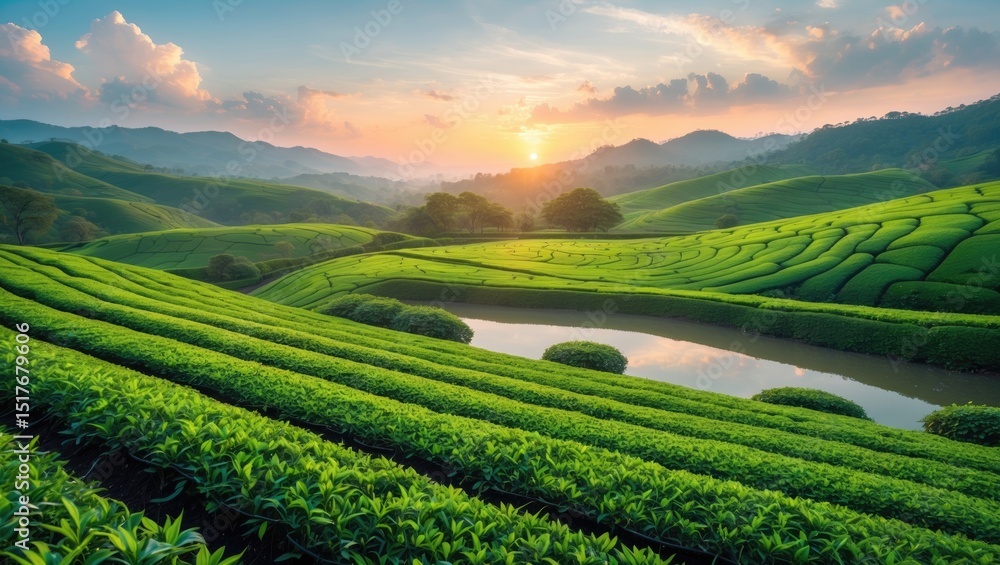 Fototapeta premium Sunset over a green tea plantation on a mountain in China