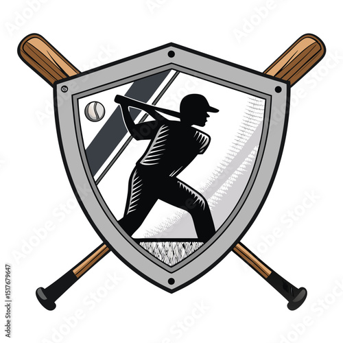 Design a shield-shaped frame featuring two crossed bats silhouetted against a background subtly incorporating the mathematical symbol pi (π).