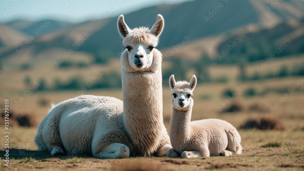 Fototapeta premium Family of llama with baby on the scenic southern Altiplano, Bolivia