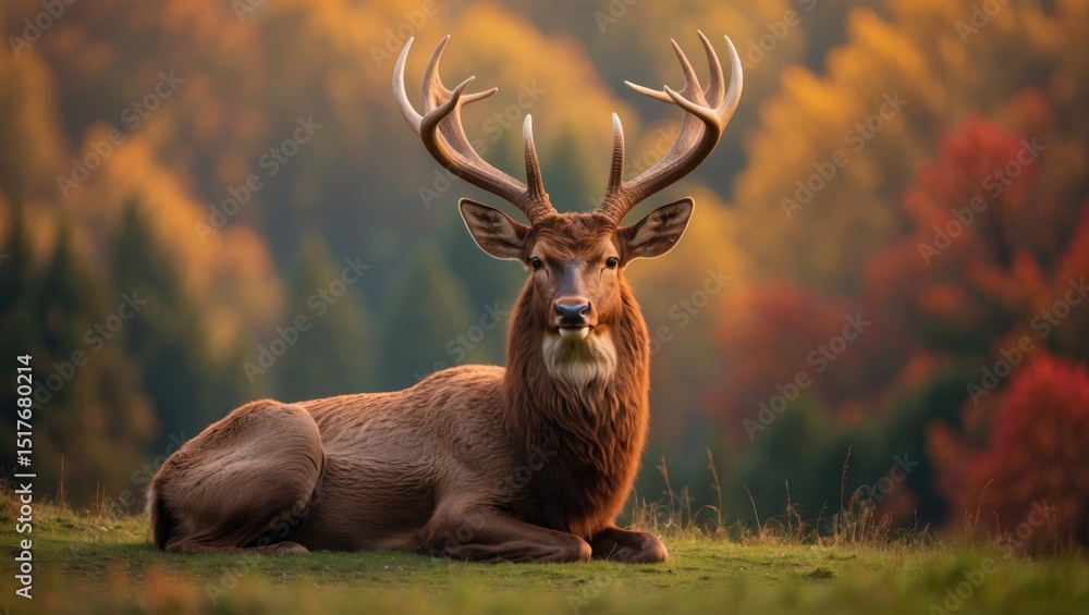 Fototapeta premium Red deer stag relaxing on lush grass at Wollaton Hall and Deer Park, Nottingham, Nottinghamshire, UK
