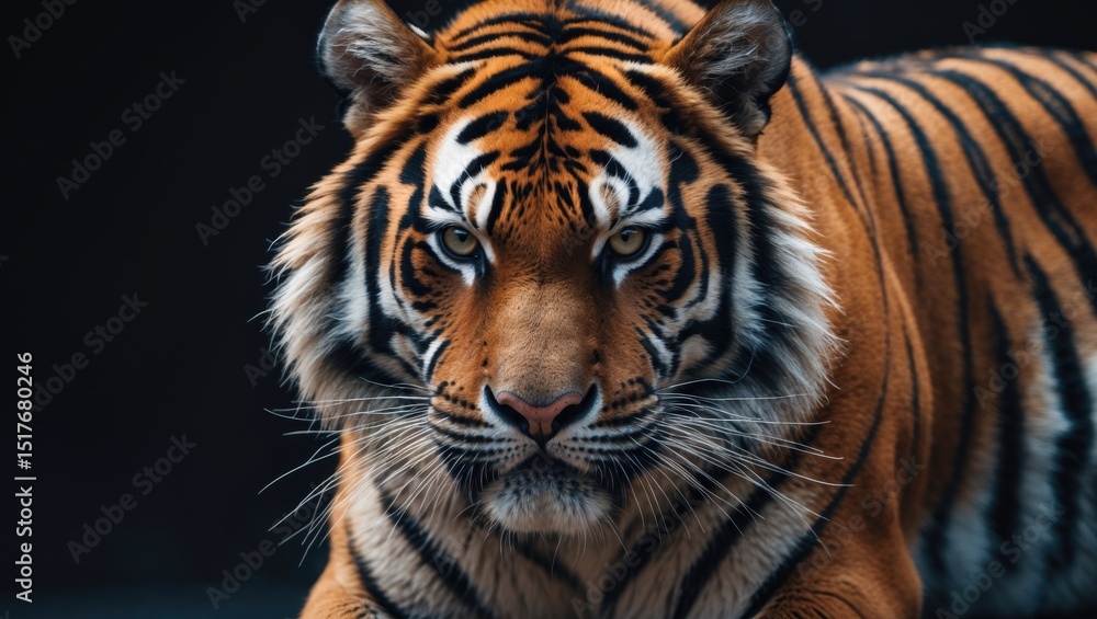 Fototapeta premium Isolated large tiger with striped fur on a black background