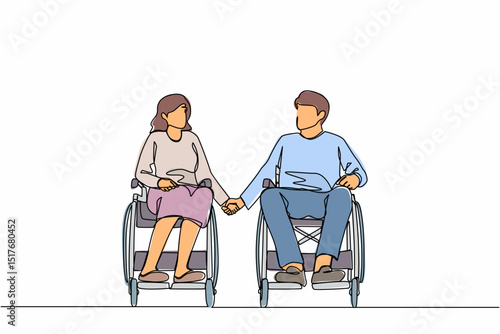 Single continuous line drawing disabled people on wheelchair living happy active lifestyle concept. Happy disabled couple man woman in wheelchair sitting and holding hands. One line draw design vector