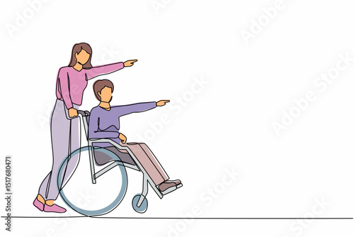 Single one line drawing couple of happy people while pointing in one direction. Caregiver woman pushing man on wheelchair, enjoy health care activity. Continuous line draw design vector illustration