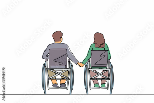 Continuous one line drawing back view of disabled people on wheelchair living happy active lifestyle. Disabled couple man woman in wheelchair sitting and holding hands. Single line draw design vector