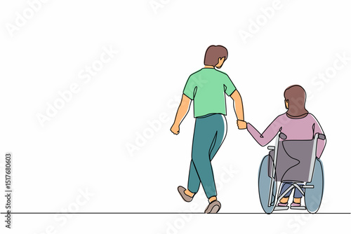 Continuous one line drawing back view man with his beloved disabled wife on wheelchair is taking stroll. Young woman with physical disability and her husband outdoors. Single line draw design vector
