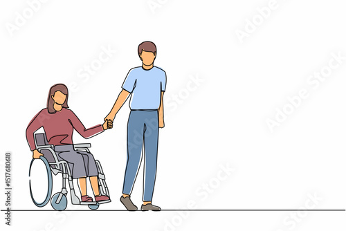 Single one line drawing husband walk the park with disabled wife, woman on wheelchair. Assistance in rehabilitation of disabled person. Lovely couple. Continuous line draw design vector illustration